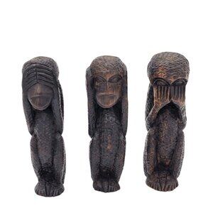 Antique Hand Carved Ebonize Wood 3 Wise Monkeys See Hear Speak No Evil Figurines